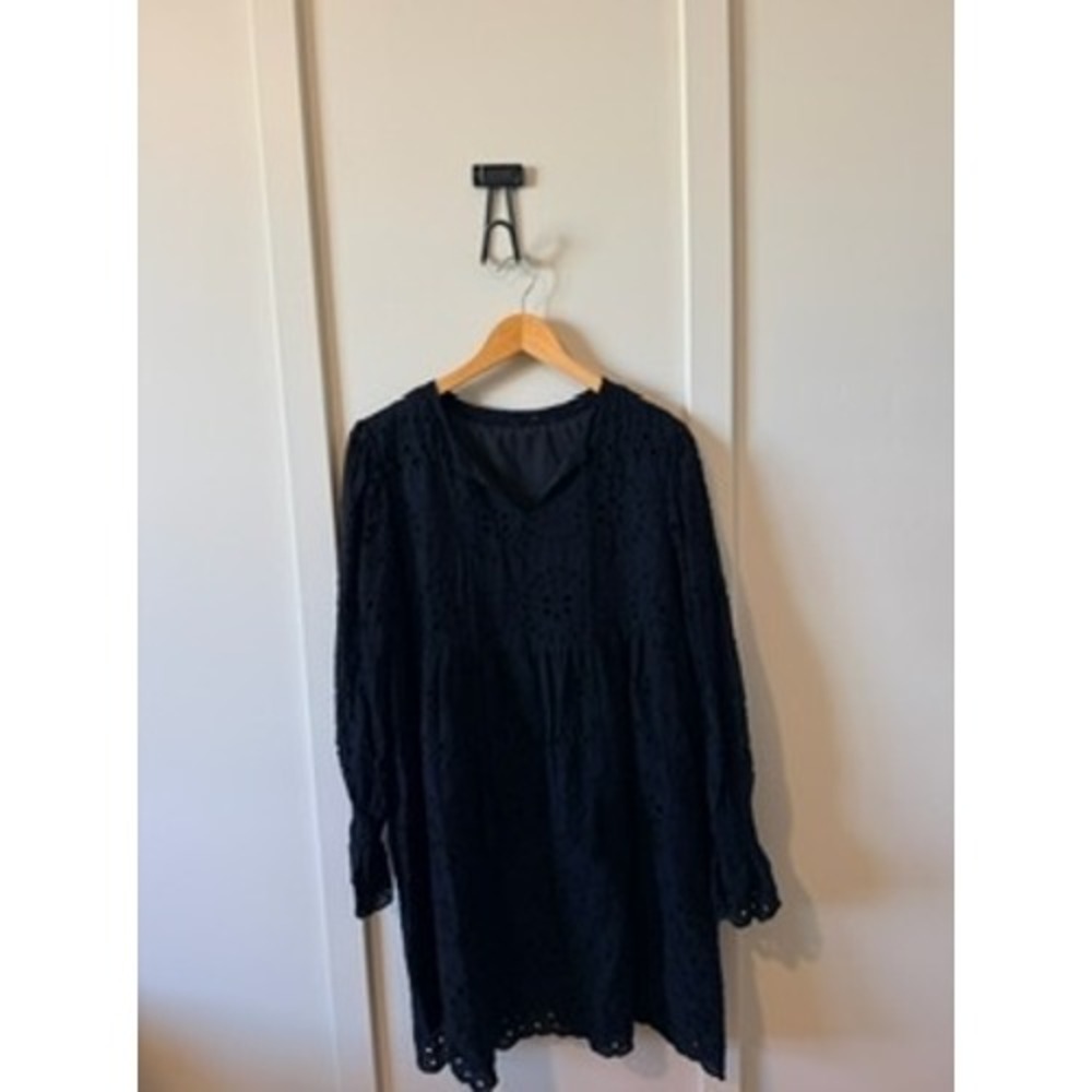 Black Eyelet Lace Mini Dress Long Sleeve Split Neck Babydoll Boho Lined